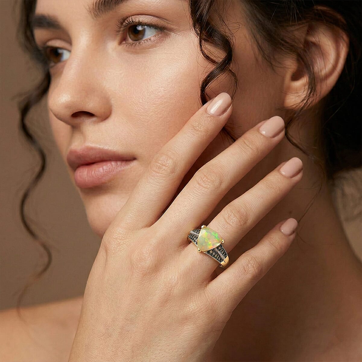 D'Joy Premium Ethiopian Welo Opal, Natural Champagne and White Diamond 2.10 ctw Ring in 18K Vermeil Yellow Gold Over Sterling Silver (Size 6.0) image number 2