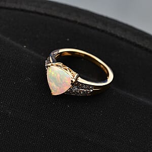 D'Joy Premium Ethiopian Welo Opal, Natural Champagne and White Diamond 2.10 ctw Ring in 18K Vermeil Yellow Gold Over Sterling Silver (Size 9.0)