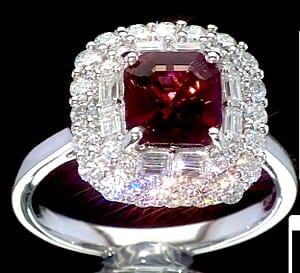 Certified & Appraised D'Joy Premium Asscher Cut Ouro Fino Rubellite and Moissanite 3.35 ctw Ring in Rhodium Over Sterling Silver (Size 10.0)