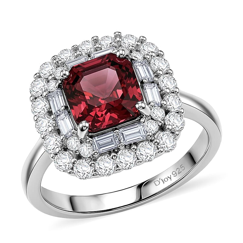Certified & Appraised D'Joy Premium Asscher Cut Ouro Fino Rubellite and Moissanite 3.35 ctw Ring in Rhodium Over Sterling Silver (Size 10.0)
