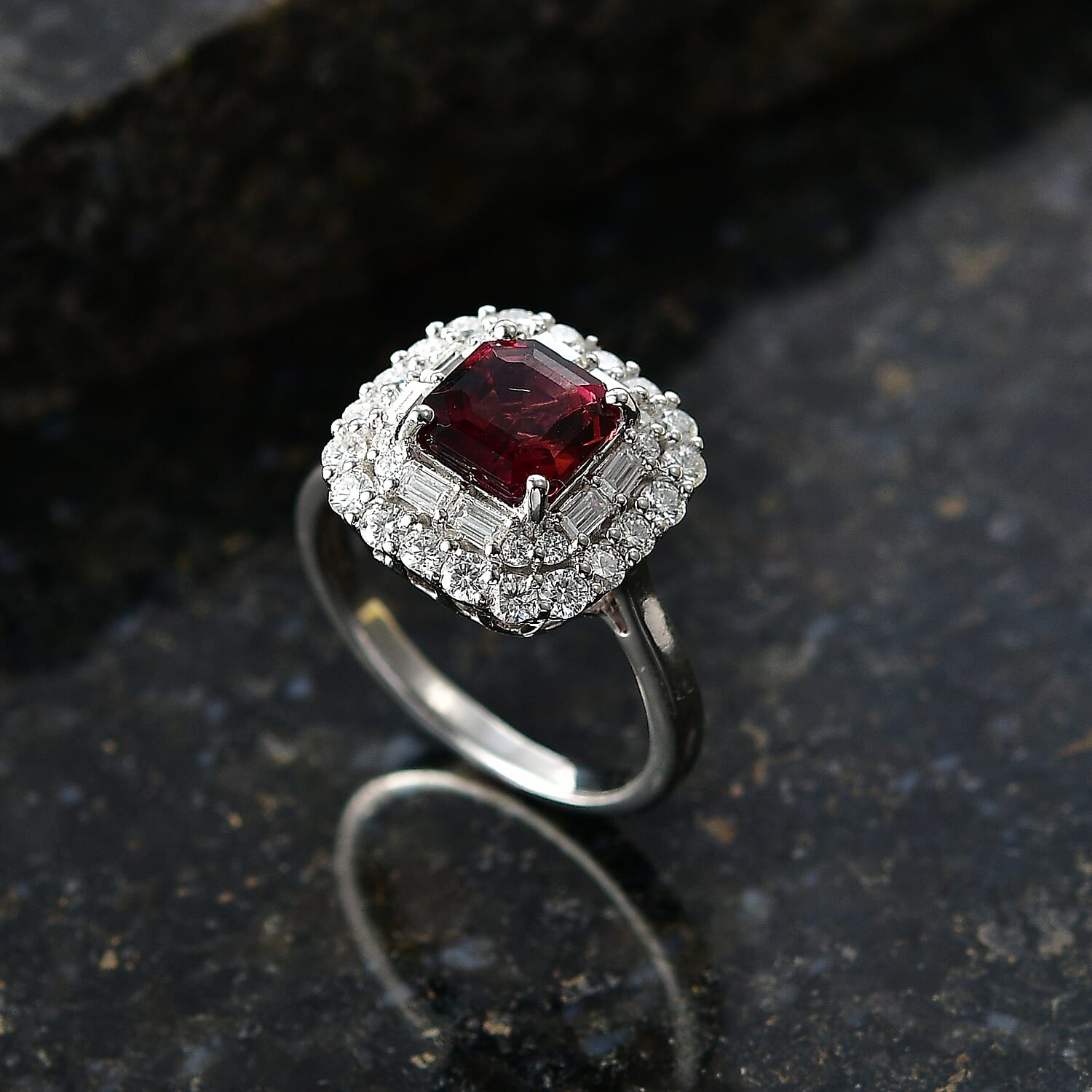 Certified & Appraised D'Joy Premium Asscher Cut Ouro Fino Rubellite and Moissanite 3.35 ctw Ring in Rhodium Over Sterling Silver (Size 10.0)