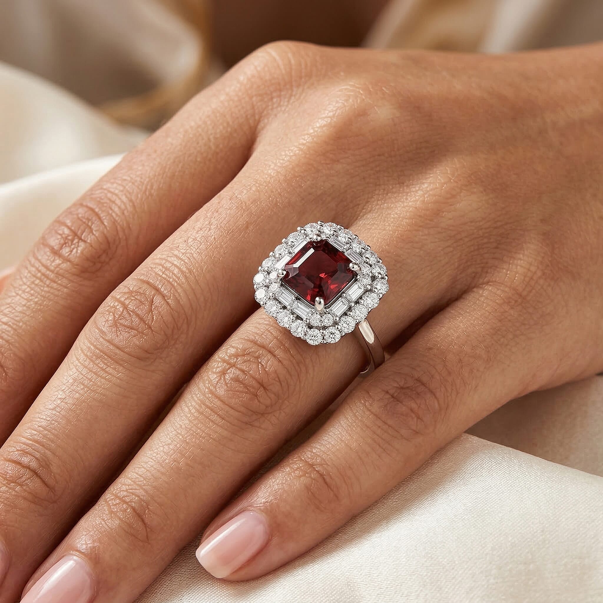Certified & Appraised D'Joy Premium Asscher Cut Ouro Fino Rubellite and Moissanite 3.35 ctw Ring in Rhodium Over Sterling Silver (Size 10.0)