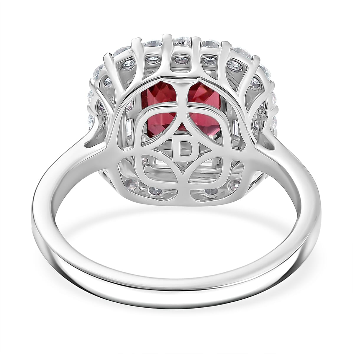Certified & Appraised D'Joy Premium Asscher Cut Ouro Fino Rubellite and Moissanite 3.35 ctw Ring in Rhodium Over Sterling Silver (Size 10.0)