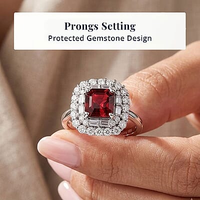 Certified & Appraised D'Joy Premium Asscher Cut Ouro Fino Rubellite and Moissanite 3.35 ctw Ring in Rhodium Over Sterling Silver (Size 10.0)