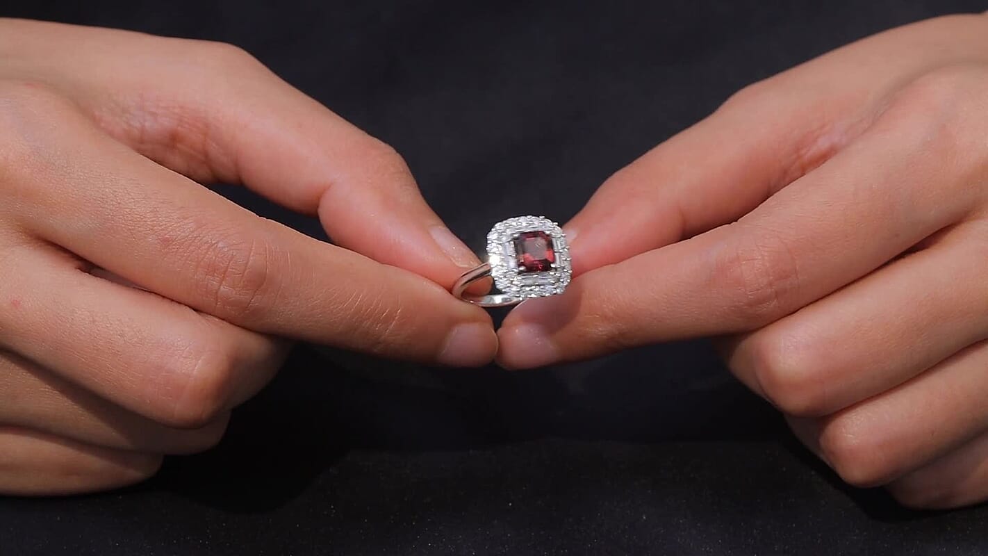 D'Joy Premium Asscher Cut Ouro Fino Rubellite, Moissanite Ring in Rhodium Over Sterling Silver (Size 10.0) (Del. in 7-10 Days) 3.35 ctw