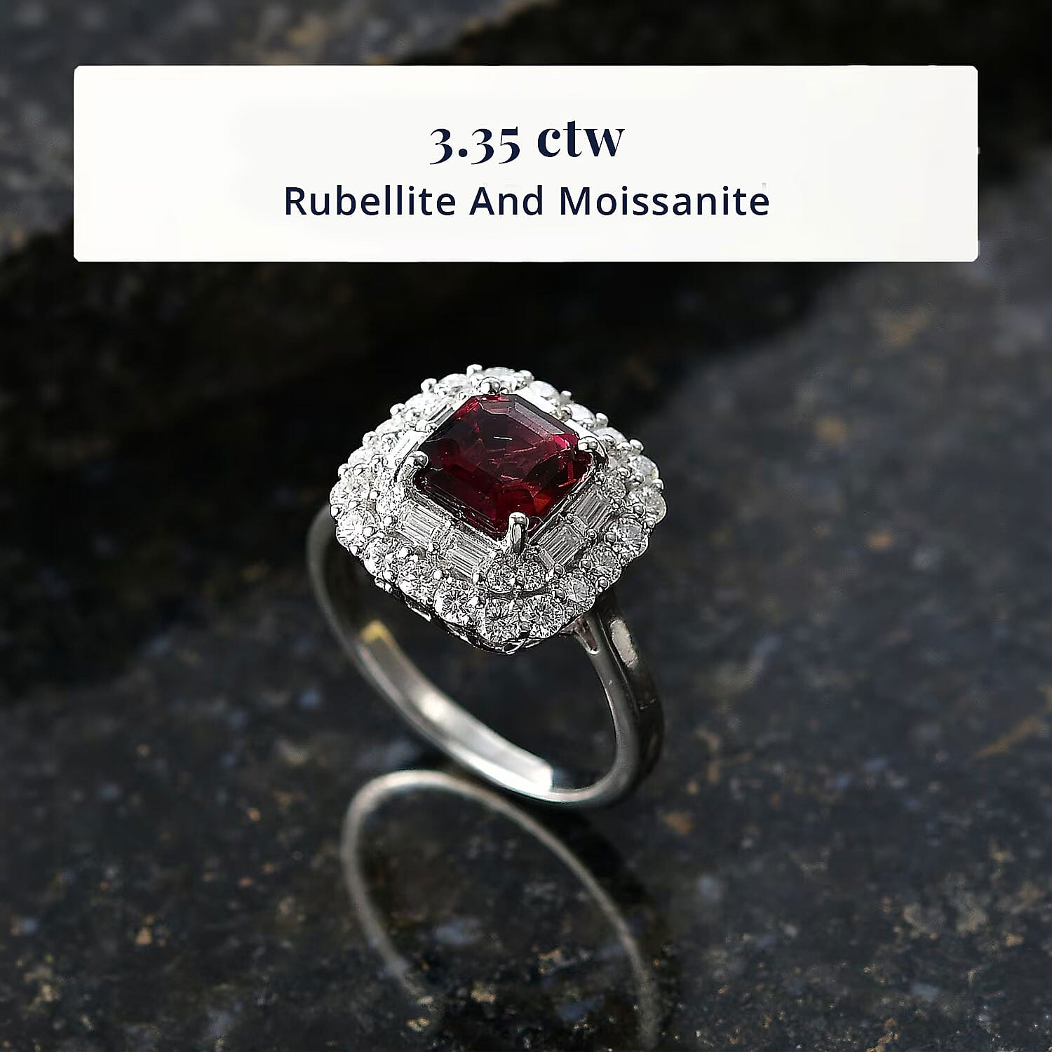 Certified & Appraised D'Joy Premium Asscher Cut Ouro Fino Rubellite and Moissanite 3.35 ctw Ring in Rhodium Over Sterling Silver (Size 6.0)