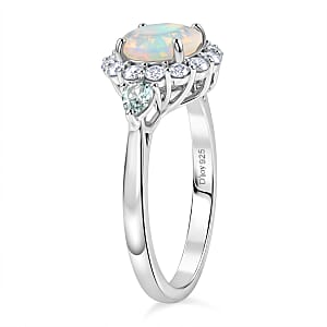 D'Joy Premium Ethiopian Welo Opal with Blue and White Moissanite 2.00 ctw Ring in Rhodium Over Sterling Silver (Size 10.0)