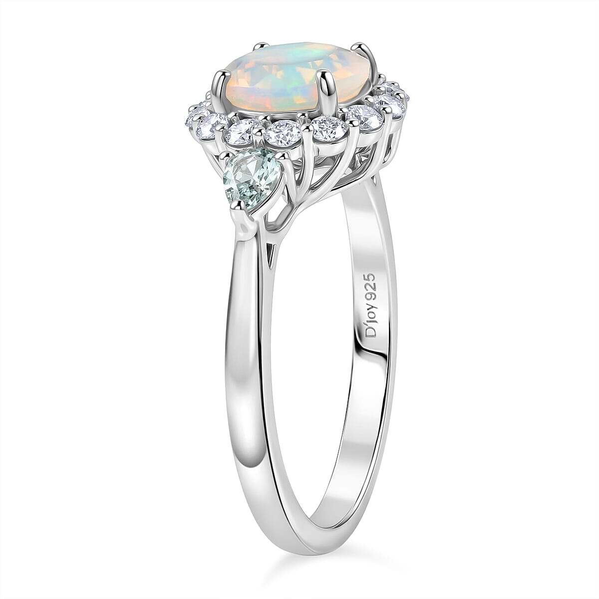 Certified and Appraised D'Joy Premium Ethiopian Welo Opal with Blue and White Moissanite 2.00 ctw Ring in Rhodium Over Sterling Silver (Size 7.0)
