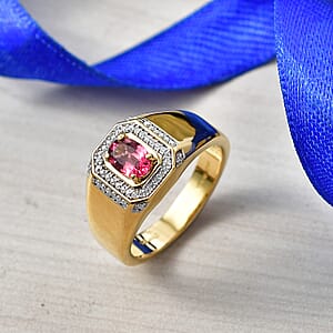 D'Joy Ouro Fino Rubellite and Moissanite 1.00 ctw Men's Ring in 18K Vermeil Yellow Gold Over Sterling Silver (Size 10.0)