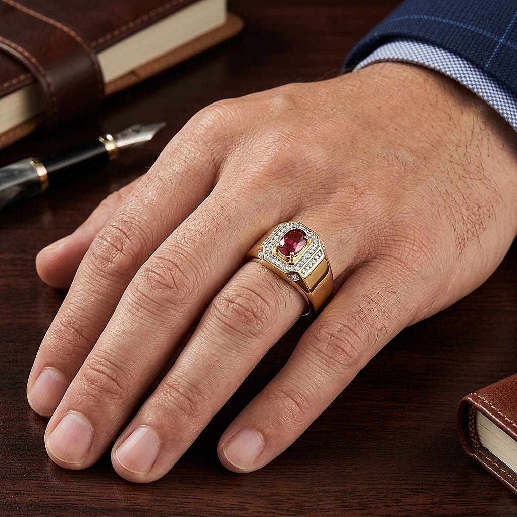 D'Joy Ouro Fino Rubellite and Moissanite 1.00 ctw Men's Ring in 18K Vermeil Yellow Gold Over Sterling Silver (Size 10.0)