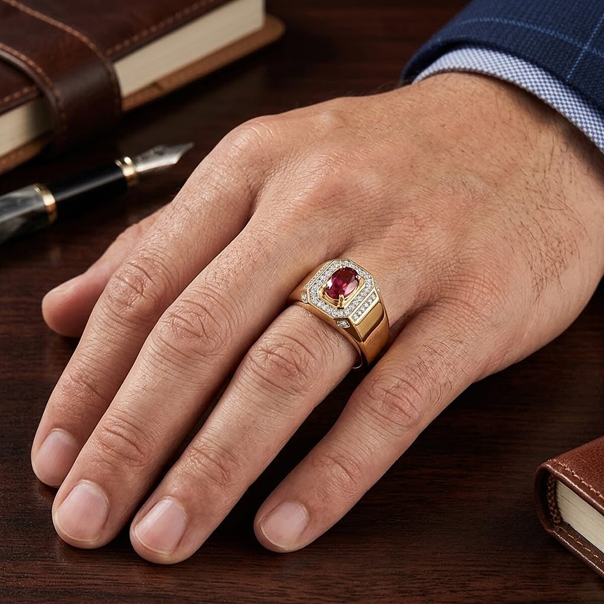 D'Joy Ouro Fino Rubellite and Moissanite 1.00 ctw Men's Ring in 18K Vermeil Yellow Gold Over Sterling Silver (Size 10.0) image number 2