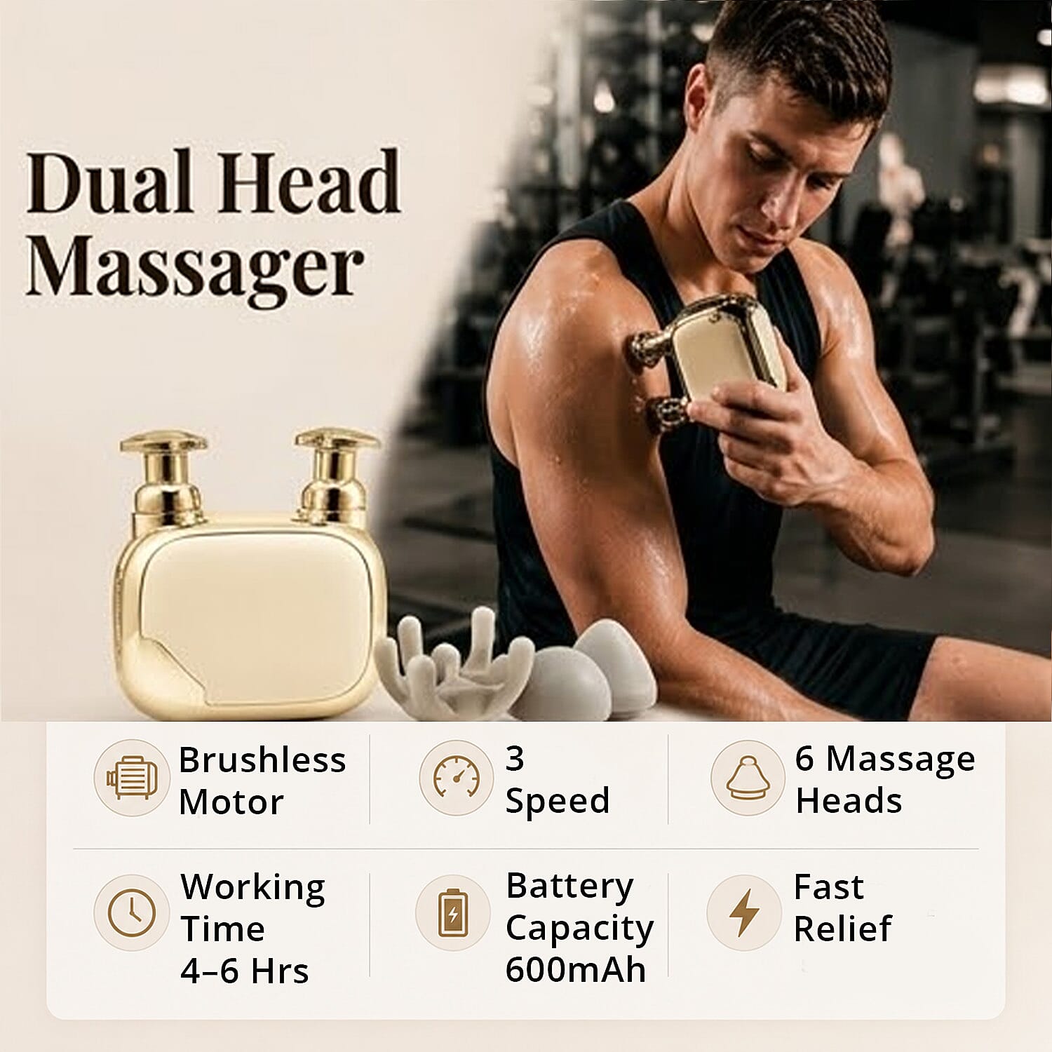 Closeout Mini Massager with 3 Massage Heads -Gold