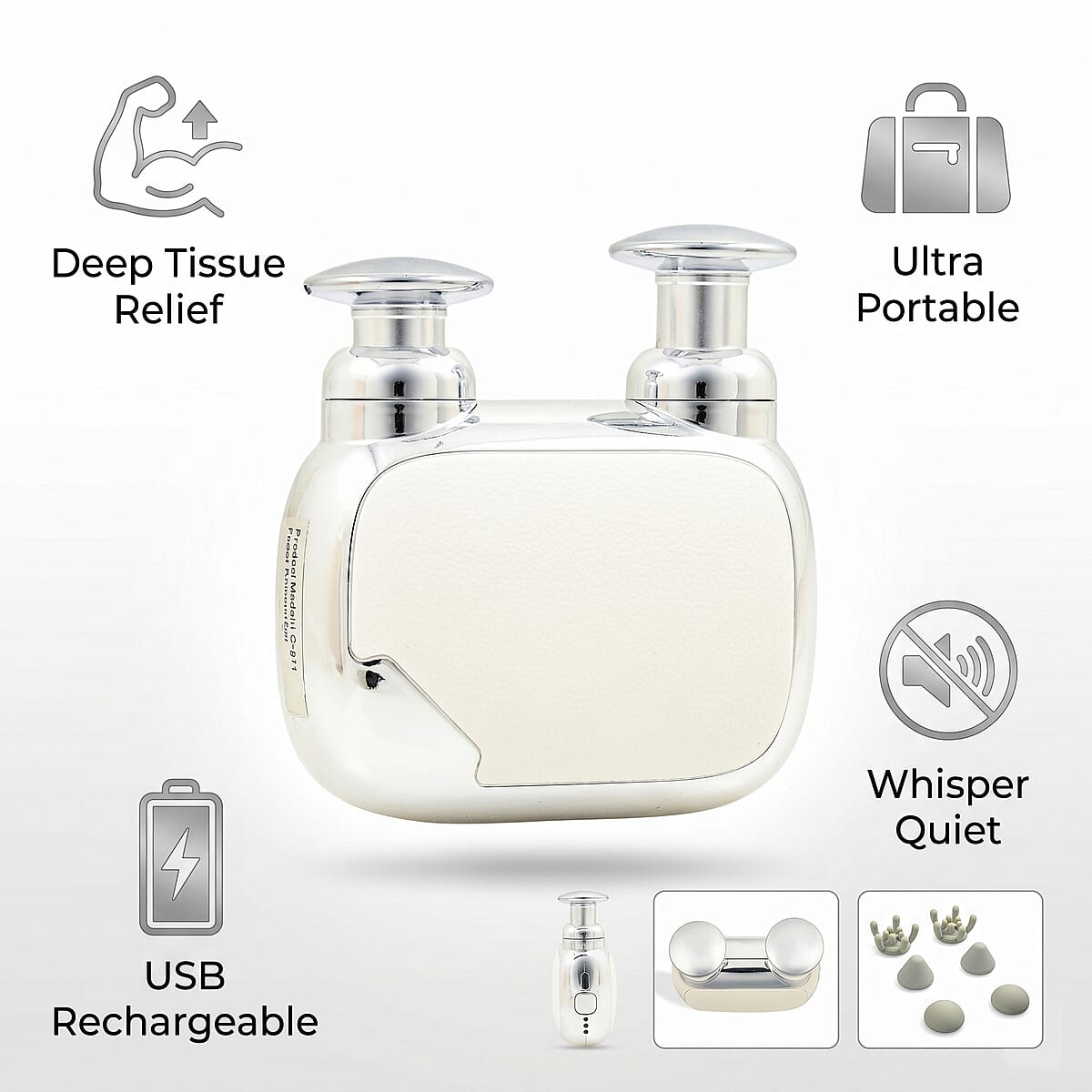 Closeout Mini Massager with 3 Massage Heads -White image number 6