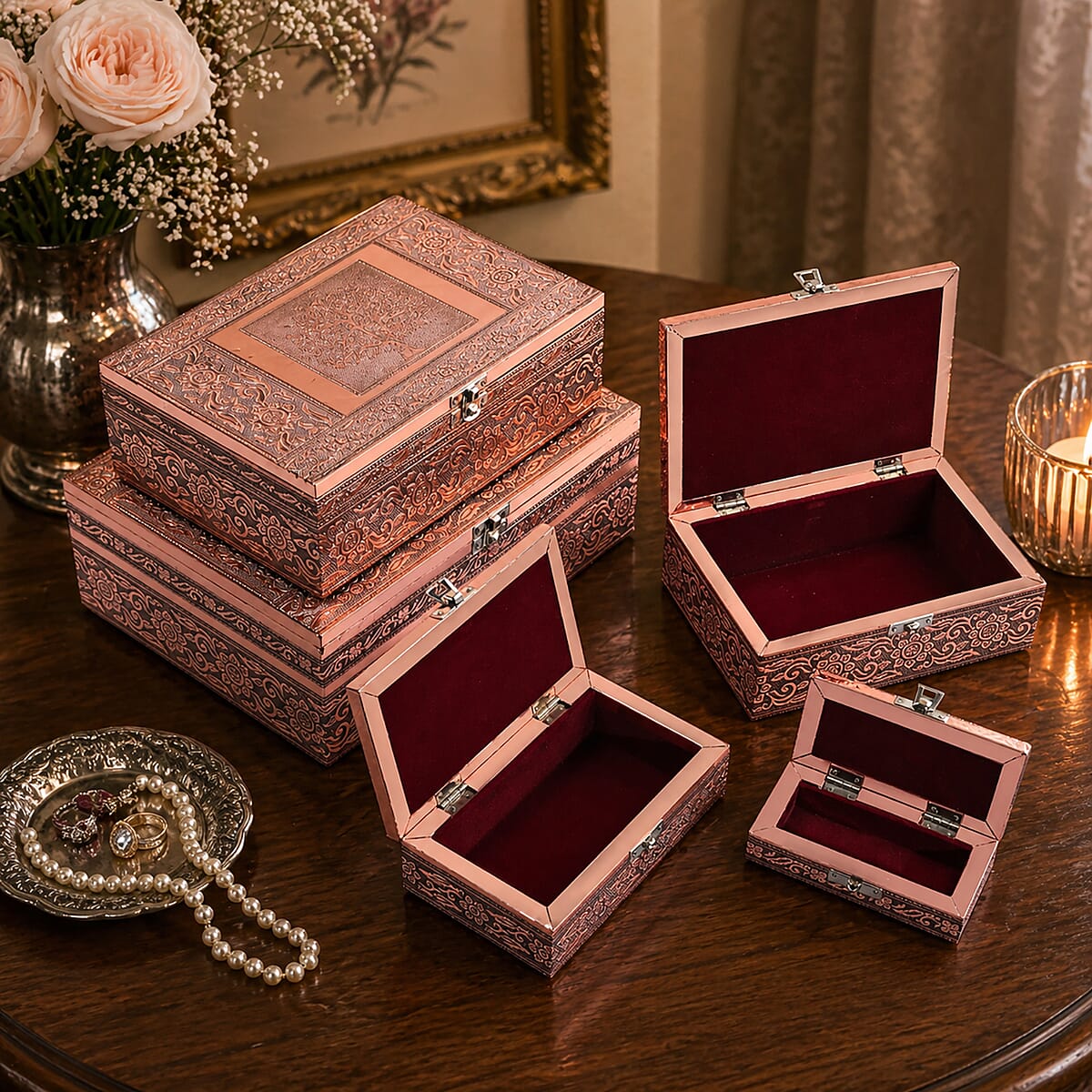 Livmore Set of 5 Handcrafted Tree Aluminum Oxidized Nested Box - Rose Gold image number 1