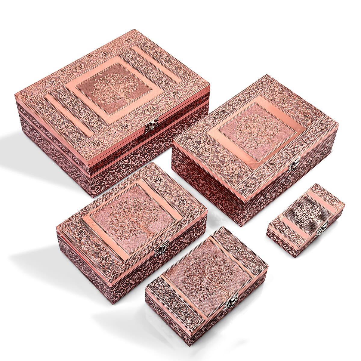 Livmore Set of 5 Handcrafted Tree Aluminum Oxidized Nested Box - Rose Gold image number 2