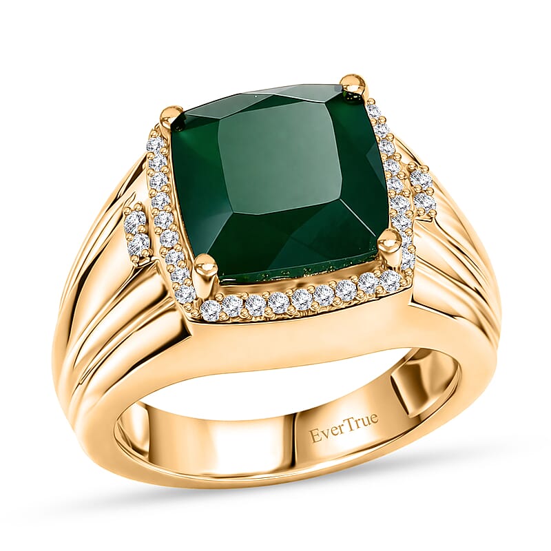 EverTrue Verde Onyx and White Zircon 4.50 ctw Regal Cushion Halo Ring in 18K YG Plated (Size 6.0)