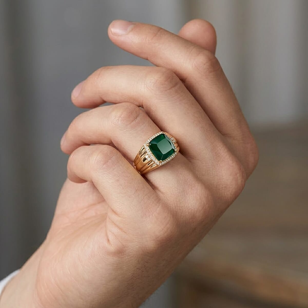 EverTrue Verde Onyx and White Zircon 4.50 ctw Regal Cushion Halo Ring in 18K YG Plated (Size 7.0) image number 2