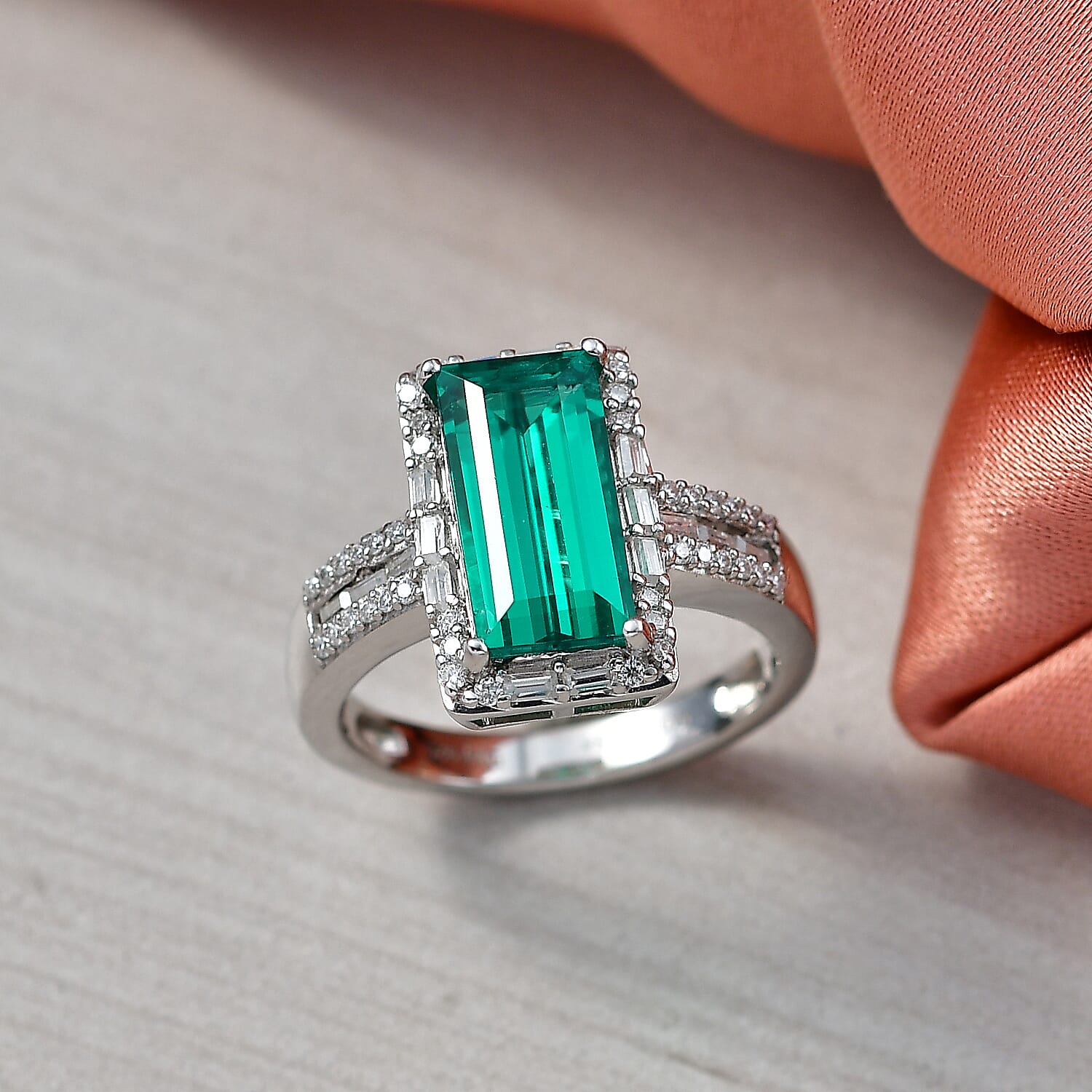 D'Joy Premium Lab Grown Colombian Emerald and Moissanite 3.30 ctw Royal Garden Path Ring in Rhodium Over Sterling Silver (Size 10.0)