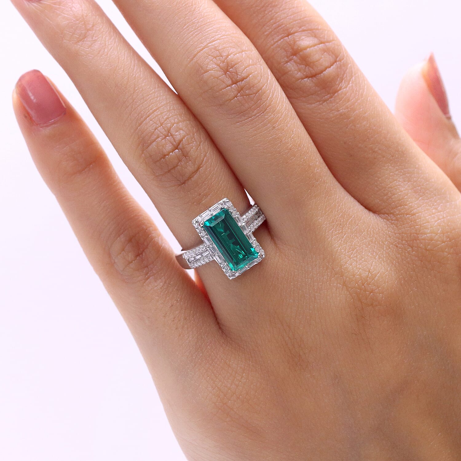 D'Joy Premium Lab Grown Colombian Emerald and Moissanite 3.30 ctw Royal Garden Path Ring in Rhodium Over Sterling Silver (Size 10.0)