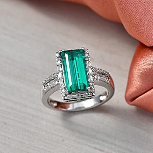 D'Joy Premium Lab Grown Colombian Emerald and Moissanite 3.30 ctw Royal Garden Path Ring in Rhodium Over Sterling Silver (Size 6.0)