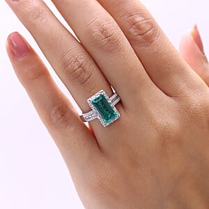 D'Joy Premium Lab Grown Colombian Emerald and Moissanite 3.30 ctw Royal Garden Path Ring in Rhodium Over Sterling Silver (Size 7.0)