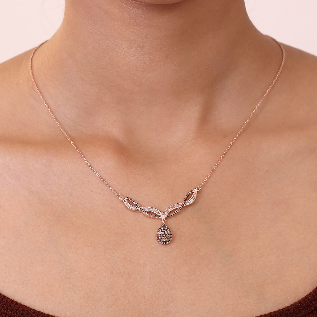 D'Joy Natural Champagne Diamond 1.00 ctw Starlight Drop Necklace in 18K Vermeil Rose Gold Over Sterling Silver 18-20 Inches image number 2