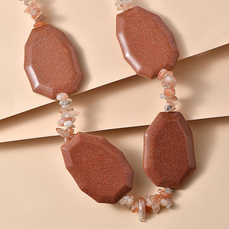 EverTrue Gold Sandstone and Sunstone 490.00 ctw Necklace in Platinum Bond 18 Inches