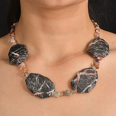 EverTrue Orange Matrix Jasper and Multi Rutilated Quartz 510.00 ctw Necklace in Platinum Bond 18 Inches