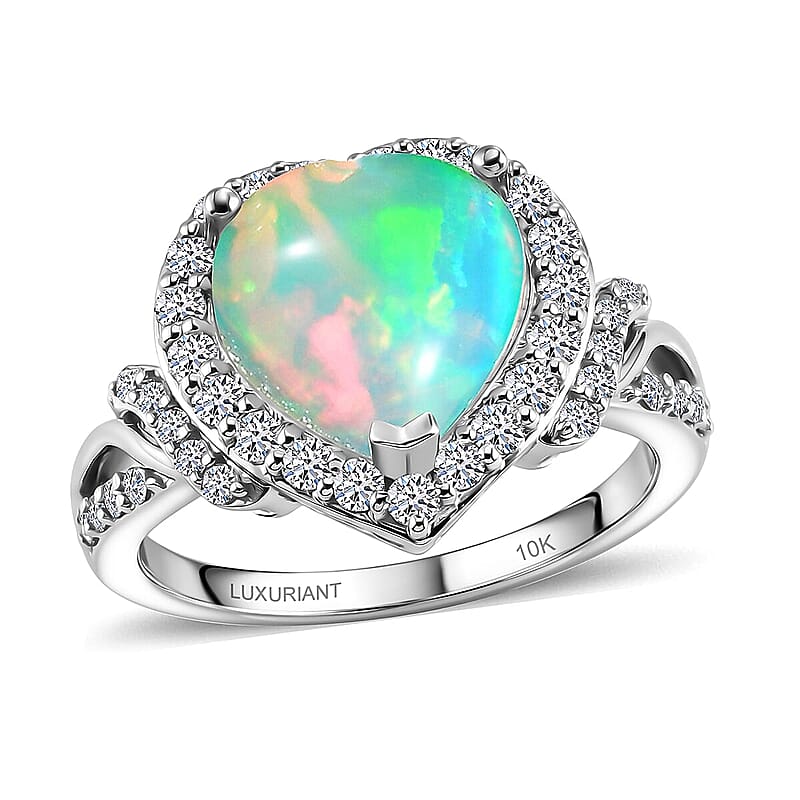 Certified and Appraised AAA Ethiopian Welo Opal and Luxuriant Lab Grown Diamond G-H SI 3.10 ctw Ring in 10K White Gold (Size 10.0)