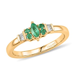 D'Joy Boyaca Colombian Emerald and Diamond 0.30 ctw Marquise Crown Ring in 18K Vermeil Yellow Gold Over Sterling Silver (Size 6.0)