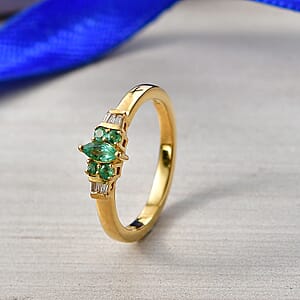 D'Joy Boyaca Colombian Emerald and Diamond 0.30 ctw Marquise Crown Ring in 18K Vermeil Yellow Gold Over Sterling Silver (Size 6.0)