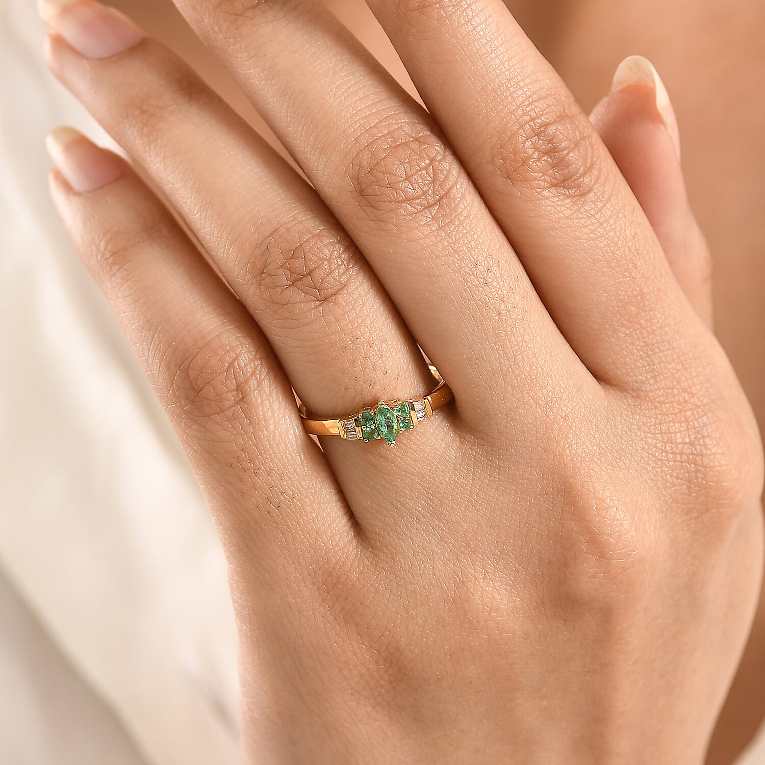 D'Joy Boyaca Colombian Emerald and Diamond 0.30 ctw Marquise Crown Ring in 18K Vermeil Yellow Gold Over Sterling Silver (Size 6.0)