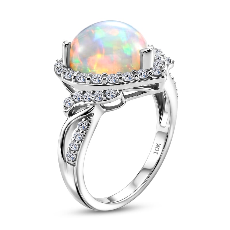 Certified and Appraised AAA Ethiopian Welo Opal and Luxuriant Lab Grown Diamond G-H SI 3.10 ctw Heart Ring in 10K White Gold (Size 6.0)