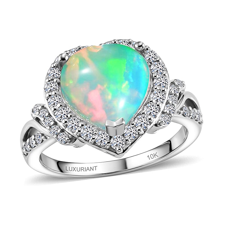 Certified & Appraised AAA Ethiopian Welo Opal and Luxuriant Lab Grown Diamond G-H SI 3.10 ctw Ring in 10K White Gold (Size 9.0)