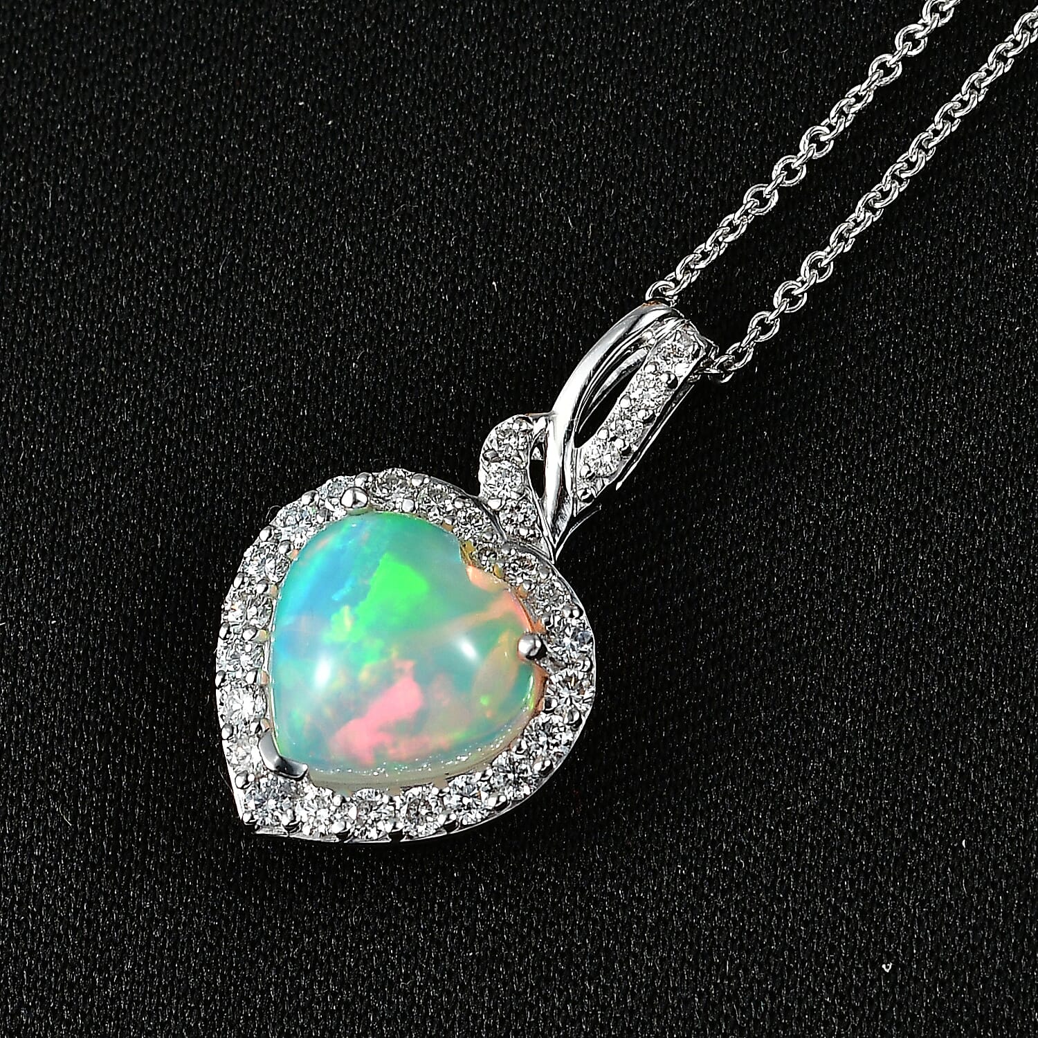 Luxuriant 10K White Gold  AAA   Ethiopian Opal ,  Lab Grown Diamond  GH, SI Heart Pendant ,  Gold Wt. 2 g 2.77 ctw