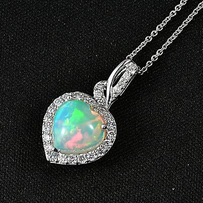 Luxuriant 10K White Gold  AAA   Ethiopian Opal ,  Lab Grown Diamond  GH, SI Heart Pendant ,  Gold Wt. 2 g 2.77 ctw