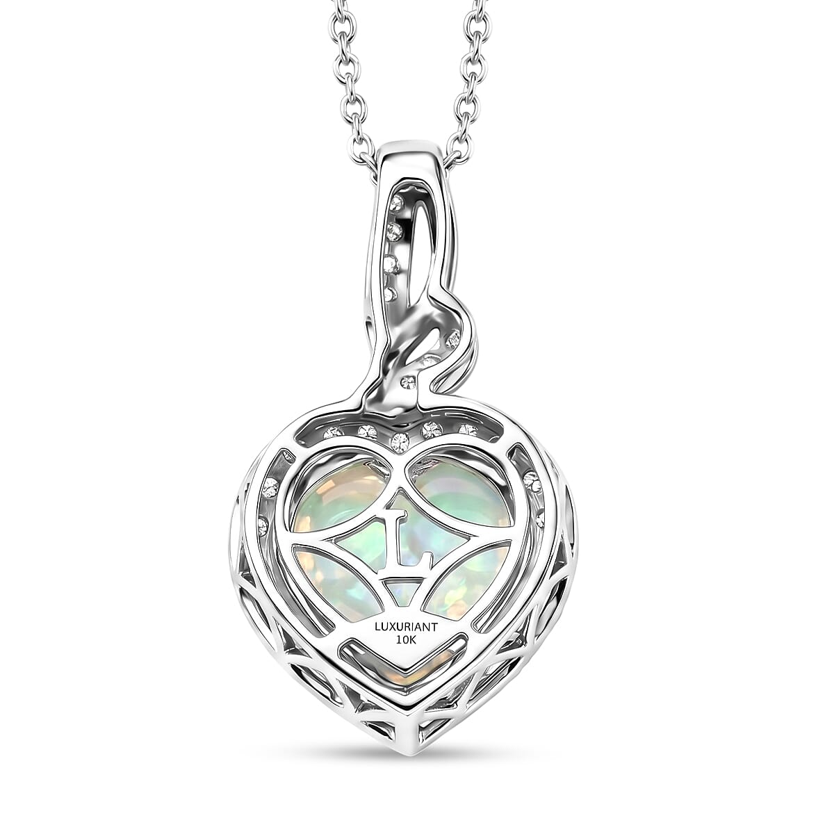 Luxuriant 10K White Gold  AAA   Ethiopian Opal ,  Lab Grown Diamond  GH, SI Heart Pendant ,  Gold Wt. 2 g 2.77 ctw
