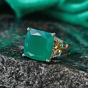 EverTrue Verde Onyx and White Zircon 11.65 ctw Solitaire Ring in 18K YG Plated and Platinum Bond (Size 10.0)