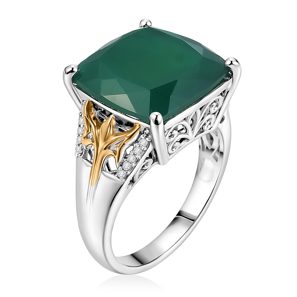 EverTrue Verde Onyx and White Zircon 11.65 ctw Wild Green Ring in 18K YG Plated and Platinum Bond (Size 8.0)