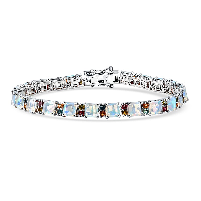 D'Joy Premium Asscher Cut Ethiopian Welo Opal and Multi Tourmaline 13.00 ctw Firelight Bracelet in Rhodium Over Sterling Silver (7.25 In)