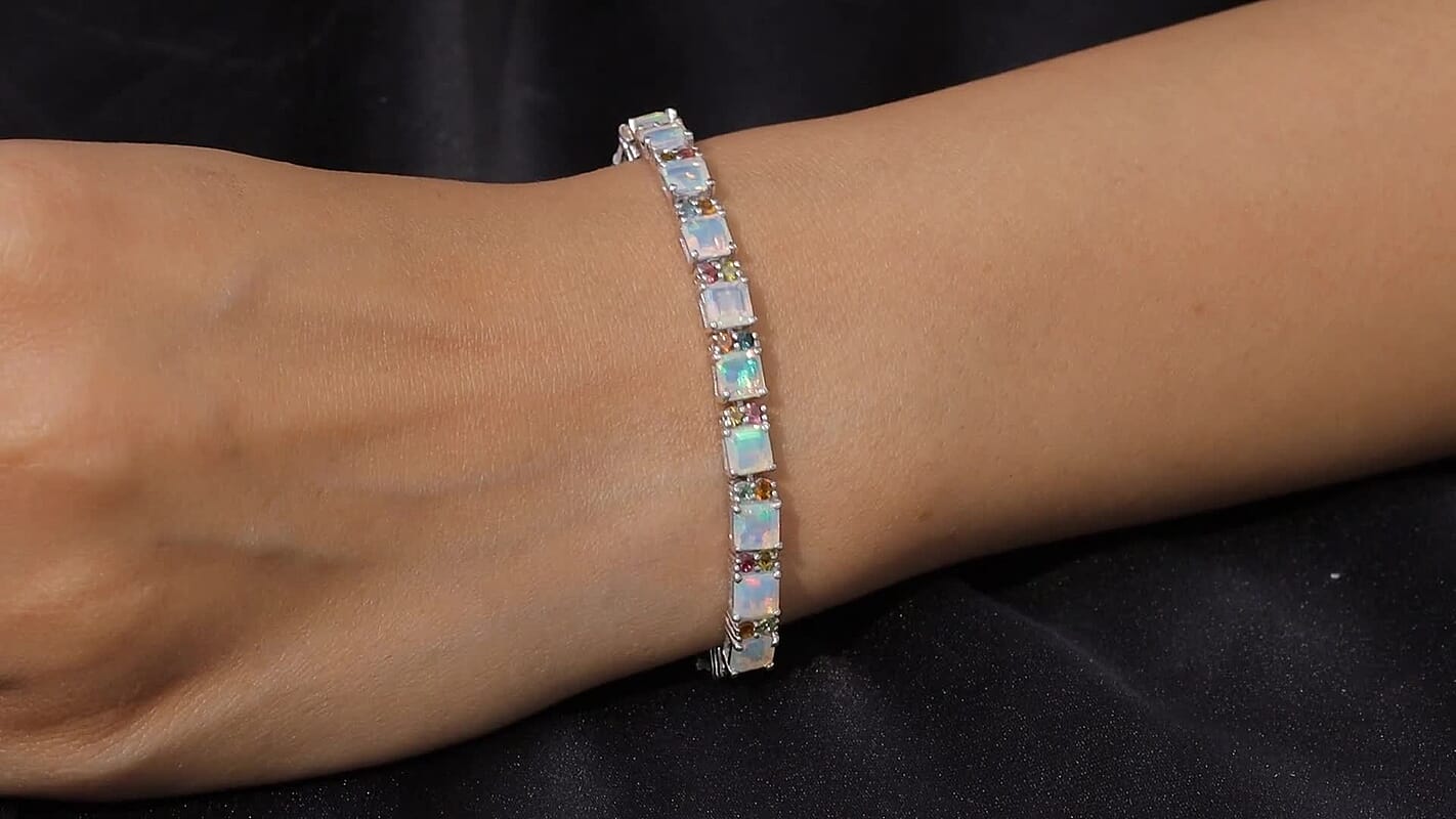 D'Joy Premium Asscher Cut Ethiopian Welo Opal, Multi Tourmaline Line Bracelet in Rhodium Over Sterling Silver (7.25 In) 10.15 ctw