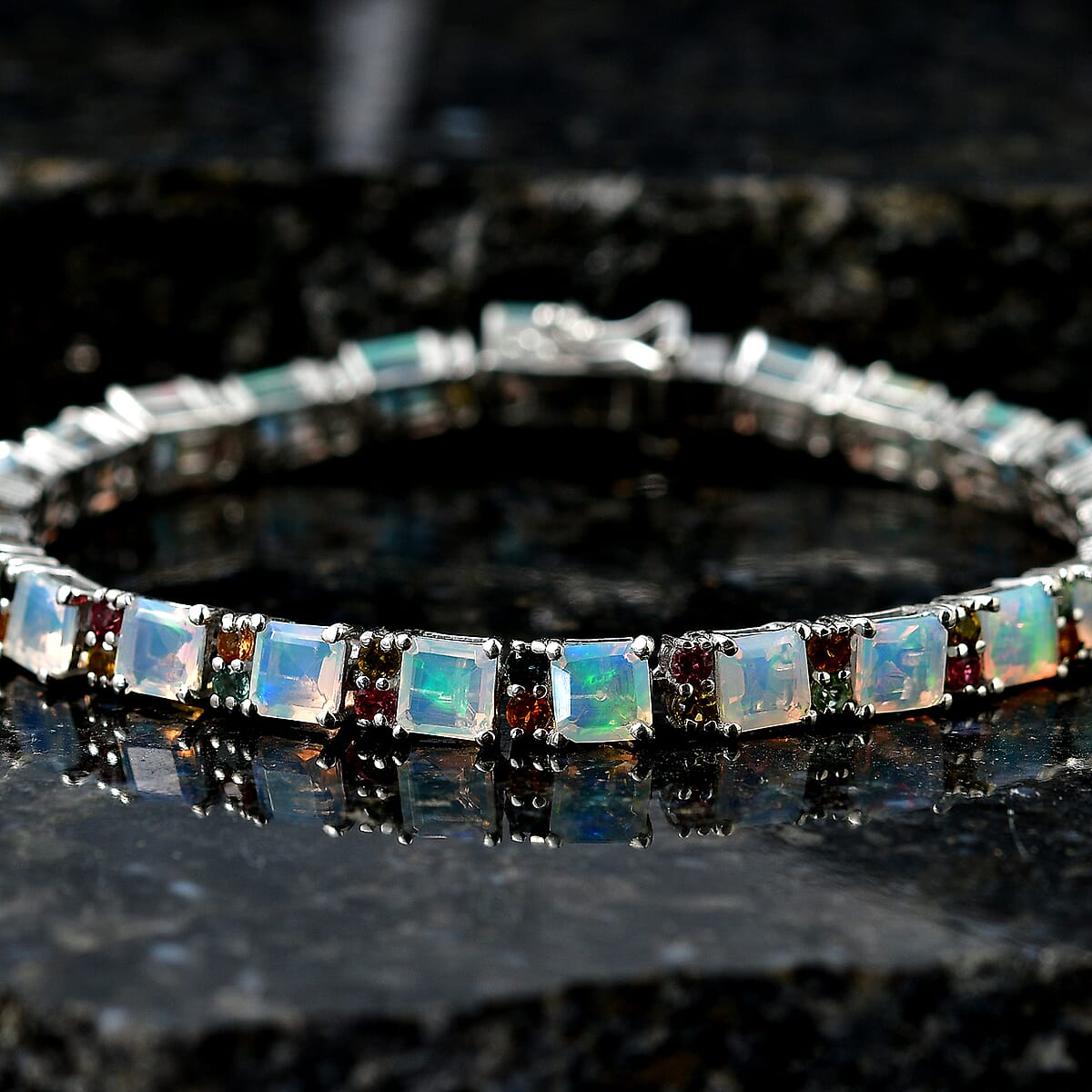 D'Joy Premium Asscher Cut Ethiopian Welo Opal and Multi Tourmaline 10.15 ctw Firelight Bracelet in Rhodium Over Sterling Silver (7.25 In) (Del. In 8-10 Days) image number 1