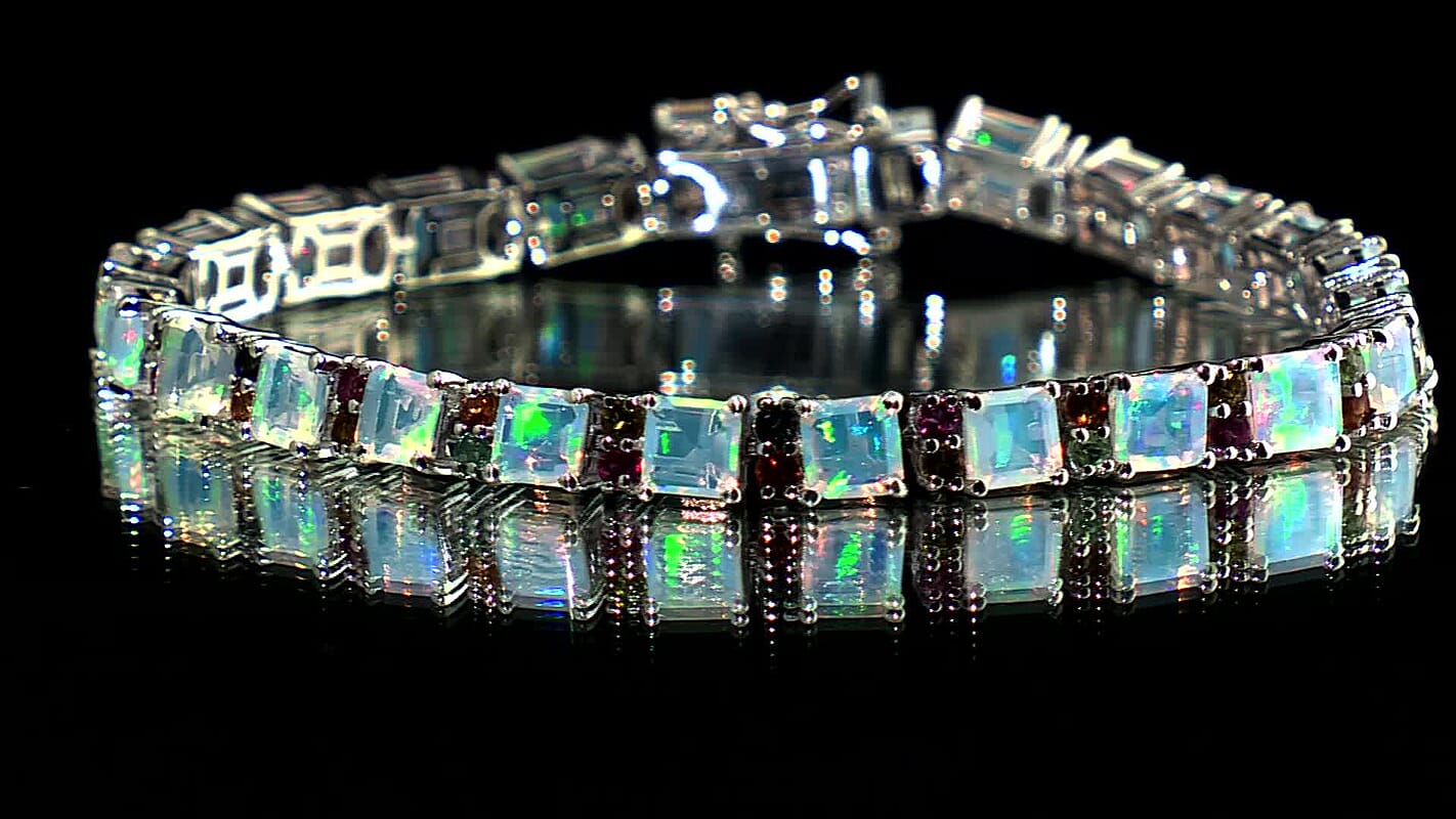 D'Joy Premium Asscher Cut Ethiopian Welo Opal, Multi Tourmaline Line Bracelet in Rhodium Over Sterling Silver (7.25 In) 10.15 ctw