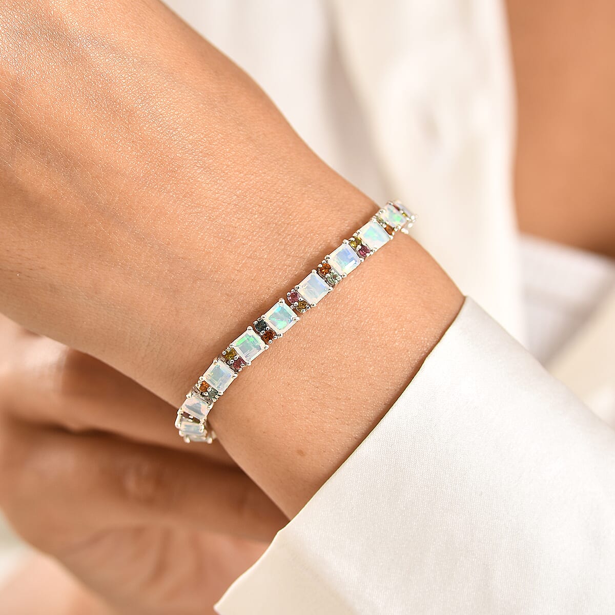 D'Joy Premium Asscher Cut Ethiopian Welo Opal and Multi Tourmaline 10.15 ctw Firelight Bracelet in Rhodium Over Sterling Silver (7.25 In) (Del. In 8-10 Days) image number 2