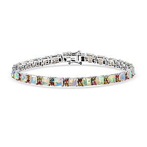 D'Joy Premium Asscher Cut Ethiopian Welo Opal and Multi Tourmaline 14.20 ctw Firelight Bracelet in Rhodium Over Sterling Silver (8.00 In)