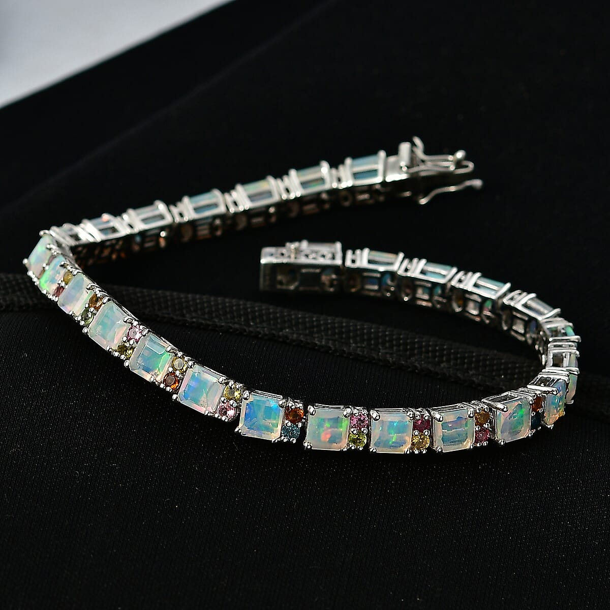 D'Joy Premium Asscher Cut Ethiopian Welo Opal and Multi Tourmaline 14.20 ctw Firelight Bracelet in Rhodium Over Sterling Silver (8.00 In) image number 1