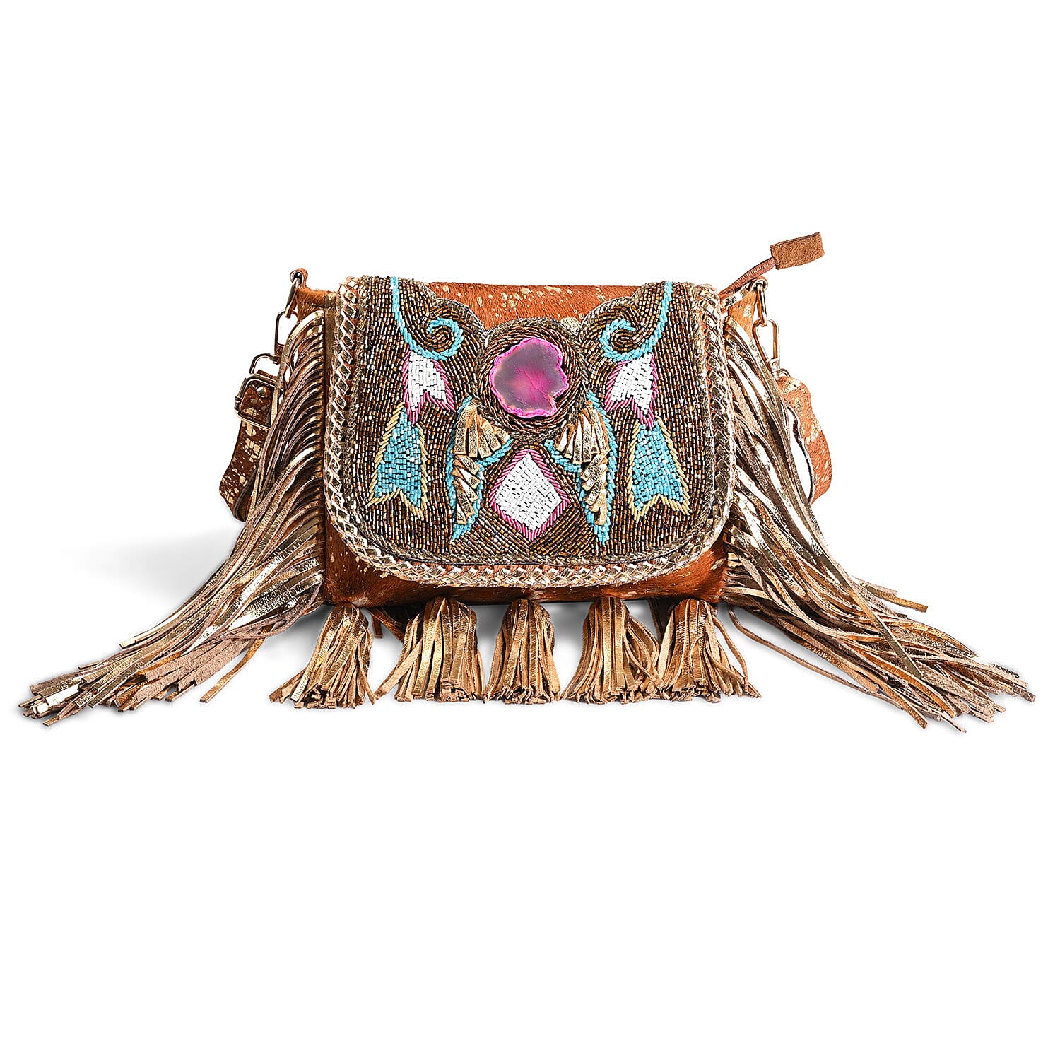 La Marey Camel Embroidery Beads Work 100% Genuine Leather Hair On Sling Bag