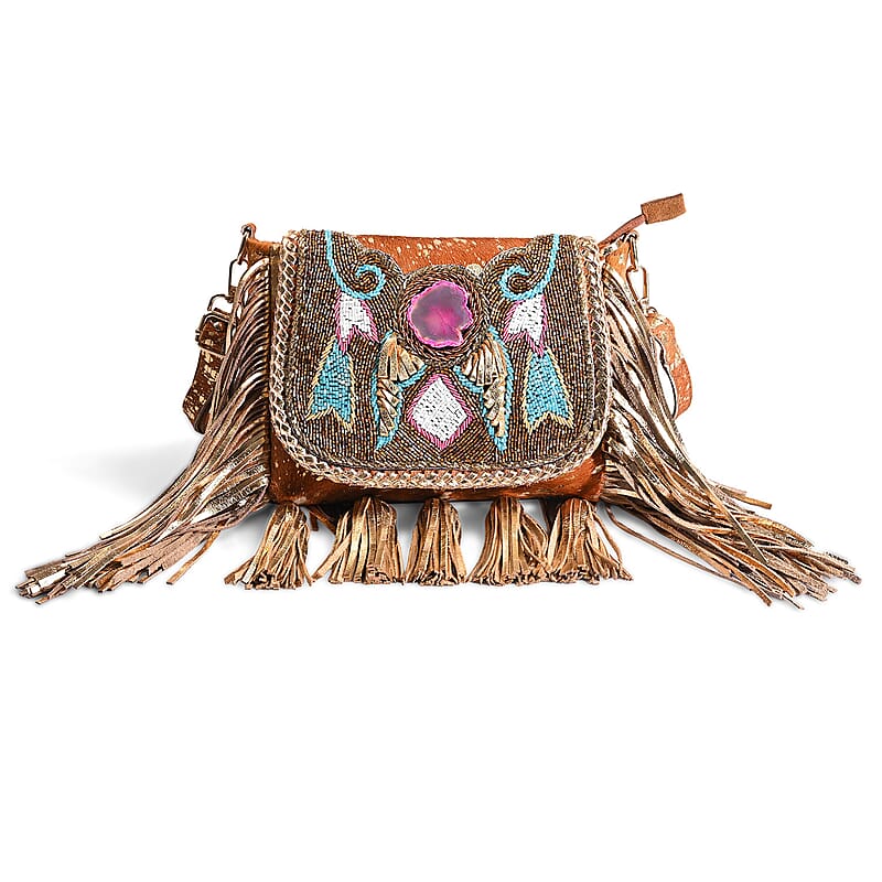 La Marey Camel Embroidery Beads Work 100% Genuine Leather Hair On Sling Bag