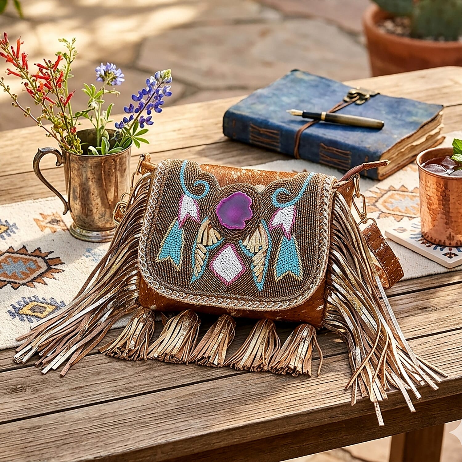 La Marey Camel Embroidery Beads Work 100% Genuine Leather Hair On Sling Bag