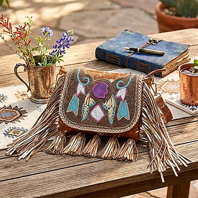 La Marey Camel Embroidery Beads Work 100% Genuine Leather Hair On Sling Bag